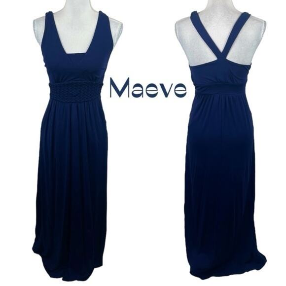 Anthropologie Maeve Navy Vacation Cruise Coastal Grandma Maxi Dress NWOT Size 0 - Picture 1 of 9